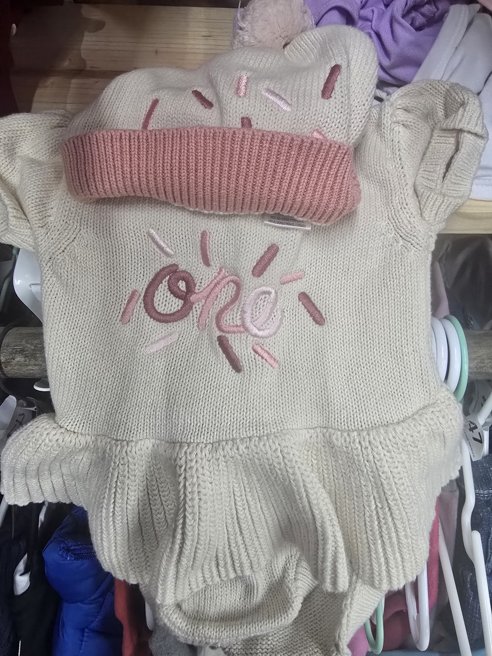 Kids Cream Knit One-Piece with Pink Accent Hat
